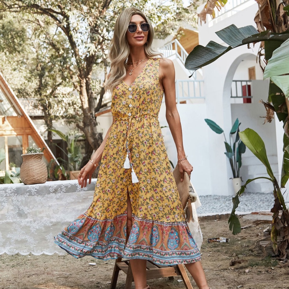 boho v neck tassel floral A line yellow dress - Picture 6 of 9